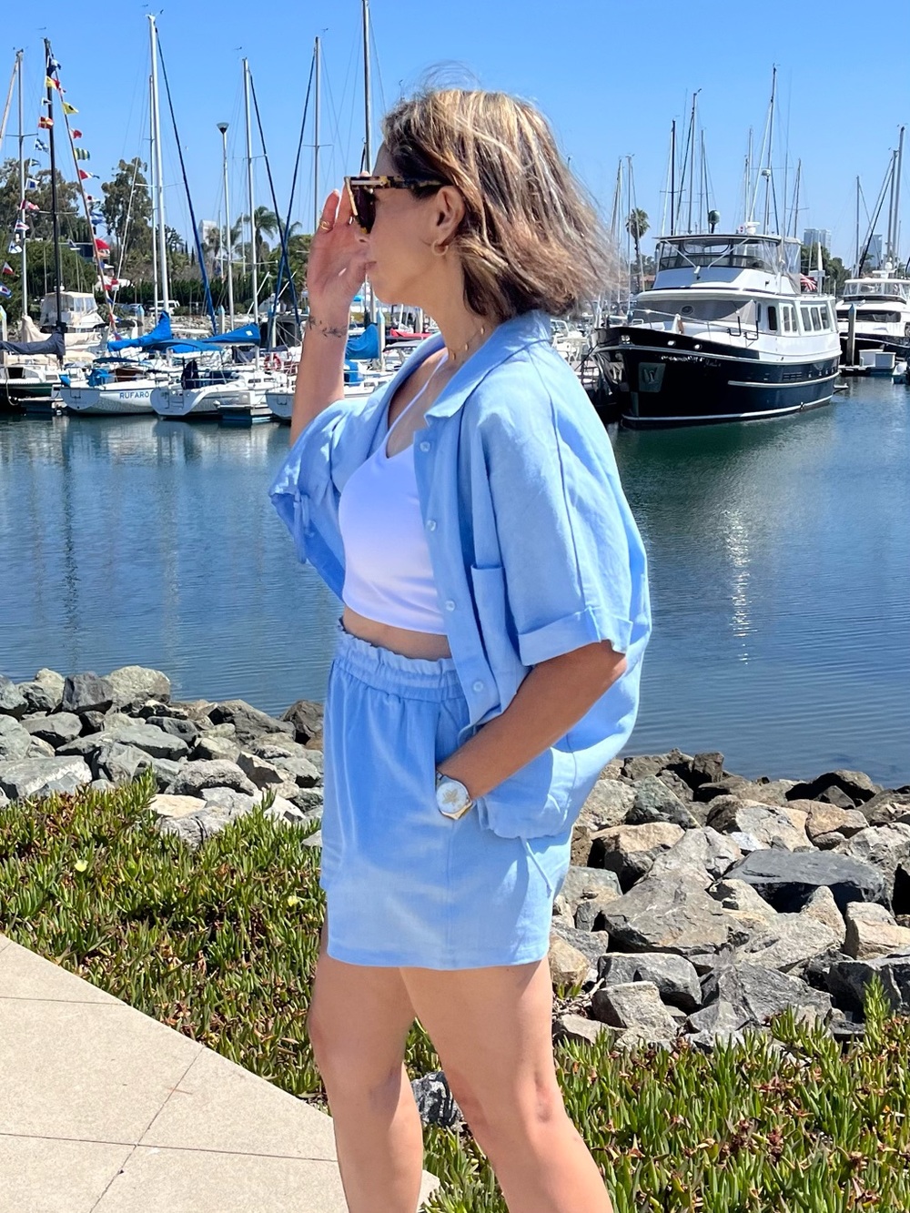 LNA Clothing Light Blue Linen Button-Front Short Set